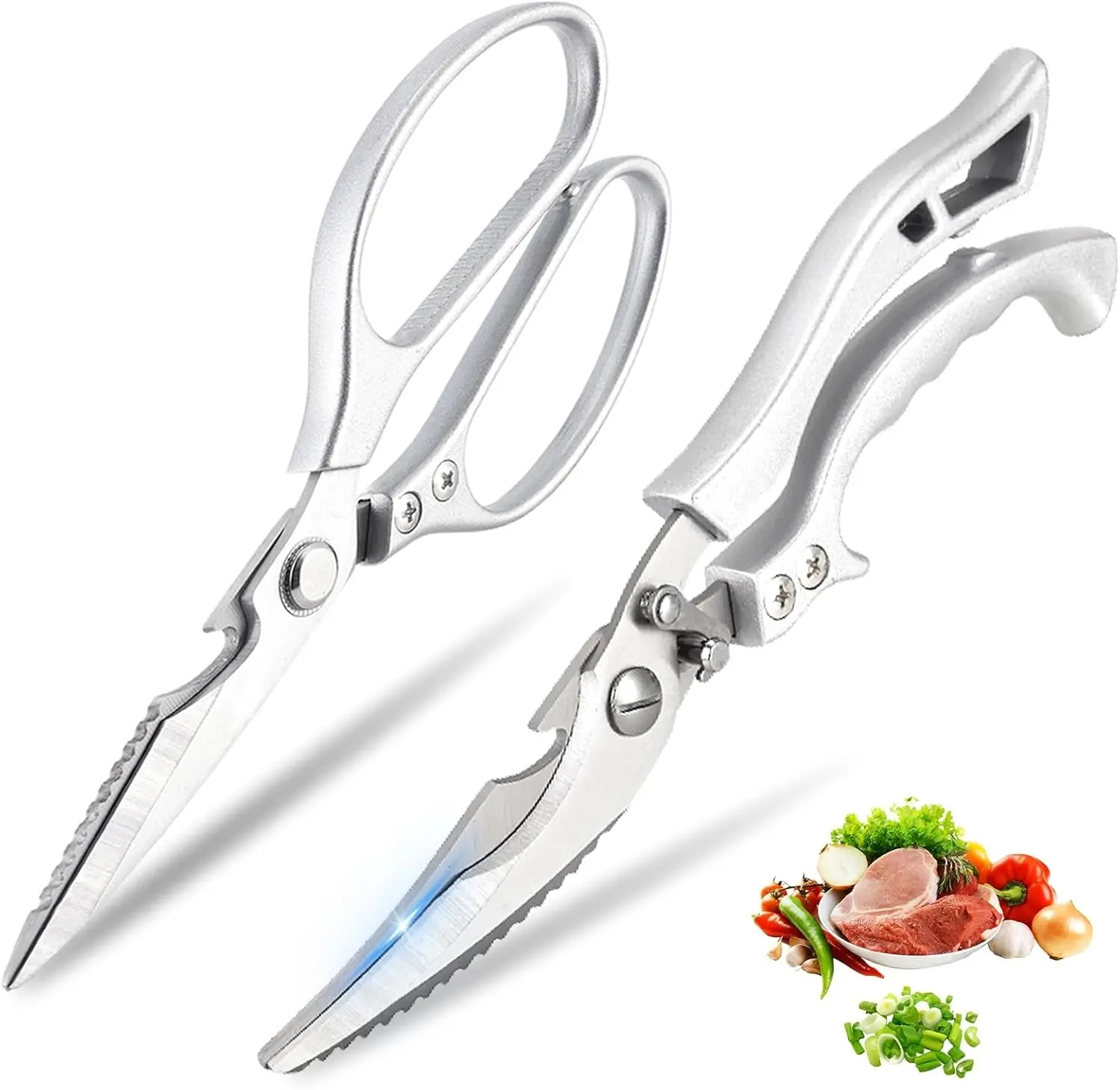 2PCS Heavy Duty Kitchen Scissors Set - Stainless Steel Poultry Shears with Anti-Slip Grip & Safety Lock for Meat, Bone, and Poultry