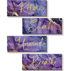 4 count Purple and  Bathroom Decor Purple  Wall Decor Relax Soak Unwind Breathe Wooden Rustic Marble Style Bathroom Accessories for Bedroom Living Room Decor (Purple  10X4)