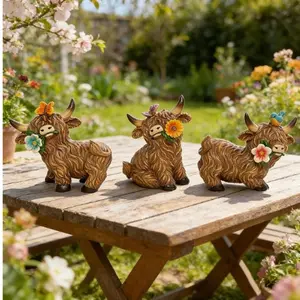 Highland Cow Spring Decor Set, 3-Piece Resin Statue with Butterfly, Sunflower, Bird, Rural Style, Home Decoration, Farm Step Tray