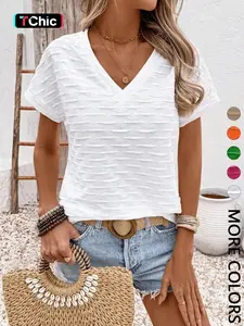 Women's Vacation Casual Versatile Solid Color Texture Short Sleeve T-Shirt，V Neck, Short Dolman Sleeves, Breathable Lightweight Fabric, Daily Casual Vacation Commute Beach Wear, Casual Minimalist Style