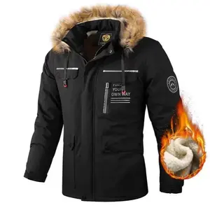 Men's Thick Fleece Parka with Faux Fur Hood & Longsleeves, Autumn Winter Warm Sports Outerwear for Casual Commuting & Hiking, Stylish Black Overcoat