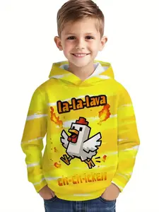 Boys' Fun Pixel Chicken Hoodie, Vintage Game Style Pullover Sweatshirt, Casual Daily & Event Wear, Kids Clothing Gift