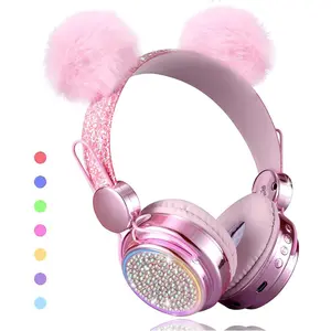 L-HPS007  Wireless Girls Headphones Bluetooth, LED Light up Color Changing Kids Headphones with MIC, 10 Hours Anime Cute Headsets for School,Parties (Pink) Audio Cable