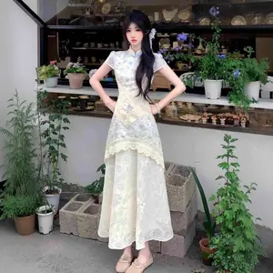 New Chinese-style unique and beautiful blue floral dress, young girl lace splicing waist improved cheongsam skirt Elegant A-line long sleeve a-line dress