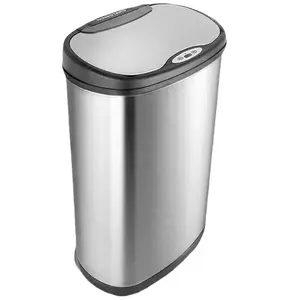 NINESTARS DZT-50-13 Automatic Touchless Motion Sensor Oval Trash Can with Black Top, 13 gallon/50 L, Stainless Steel Kitchen Bin