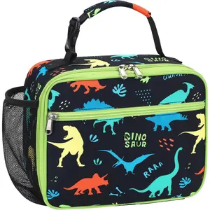 P-LBK020   Insulated Kids Lunch Bag - Reusable Boys Lunch Box with Water Bottle Holder Toddler Lunch Tote Bag for Daycare and School, Easy to Clean, Black Dinosaur