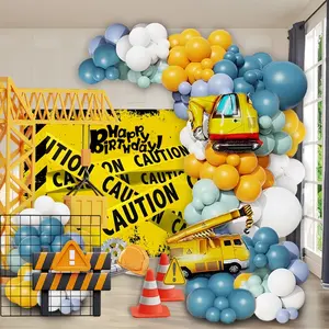 106pcs engineering vehicle themed birthday balloon decoration arch set crane excavator aluminum foil balloons matched with peacock blue yellow balloons are very suitable for children's engineering themed birthday parties, baby showers, campus party