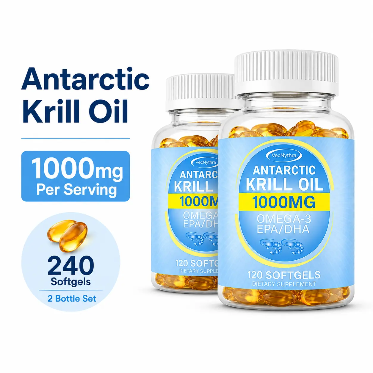 VecNythra Antarctic Krill Oil 1000mg Per Serving with Omega-3, EPA, DHA & Astaxanthin, 240 Softgels, 2-Bottle Dietary Supplement Pack
