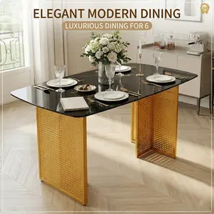 51.2" Modern Luxury Dining Table with Black Marble Patterned Tempered Glass Top & Gold Geometric Perforated Metal Base for 4-6 Persons, Rectangular Table for Kitchen & Living Room