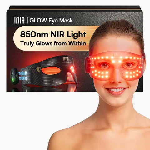 INIA GLOW FDA-Cleared Red Light Therapy Eye Mask - 96 High-Density LEDs, Cryotherapy Cooling, Eye Brightener, 3.7v, 342×140×54mm, Portable, Rechargeable Battery, 2-Year Warranty, Selfcare Gift for Wrinkles, Dark Circles, Puffiness