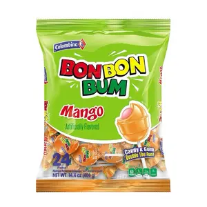 Colombina Bon Bon Bum Mango 24-Count Bag Tropical Mango Lollipops with Chewy Bubble Gum Centers Individually Wrapped Snack Fruity Flavor Sweet Candy Easter Day Chewing Gum - Bonbon