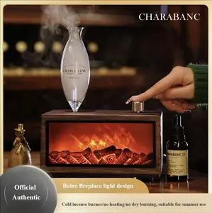 Portable Room Air Freshener Diffuser, Fireplace Flame Light Effect, Aromatherapy Mist Humidifier, Woodgrain Base, Glass Bottle, Desktop Decor