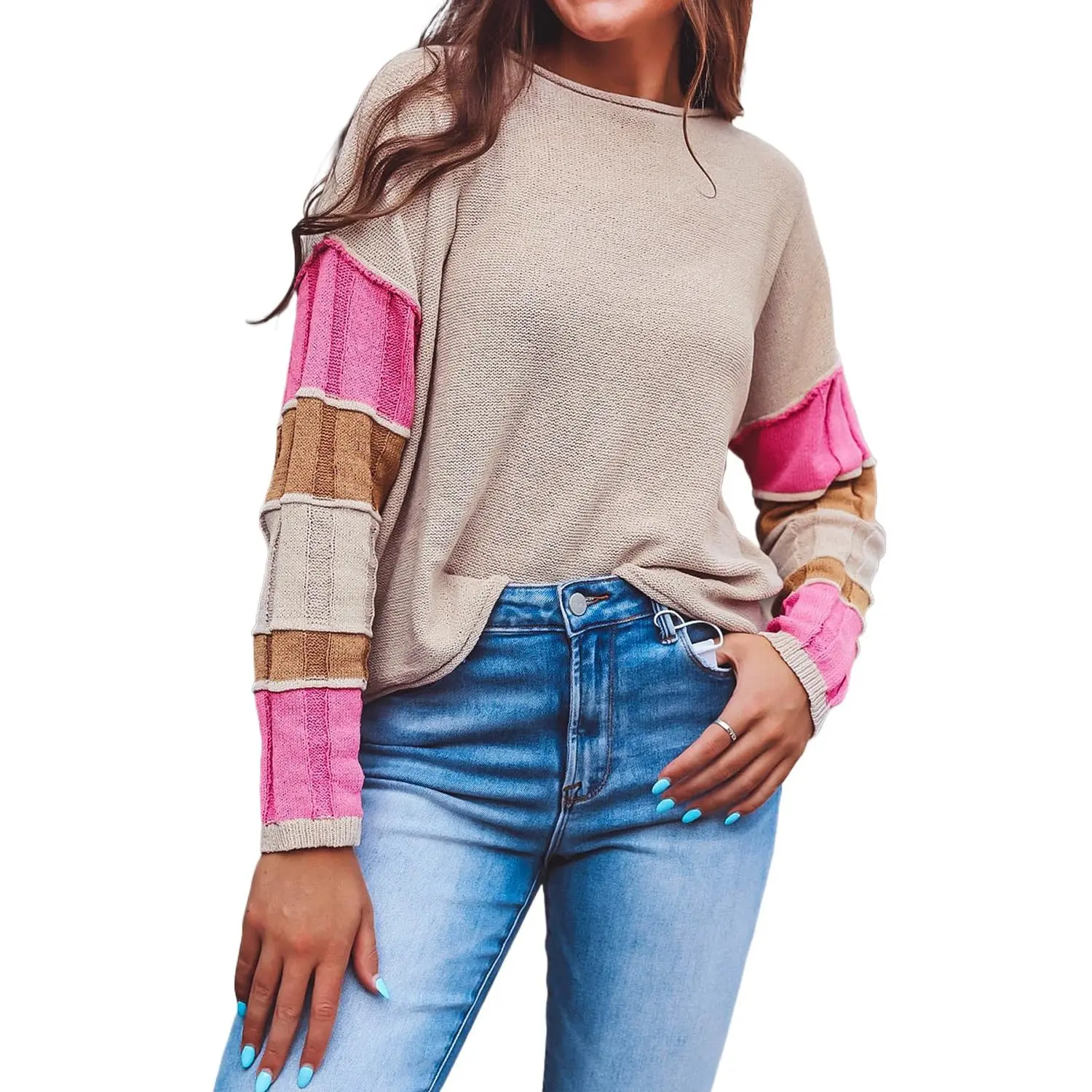 Women's Simply Taupe Colorblock Exposed Seam Round Neck Sweater - Stylish & Cozy