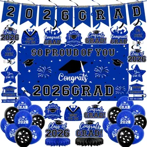59Pcs Graduation Decorations 2026 Backdrop Balloons Banner Centerpiece Hanging Swirls Grad Class of 2026 Decorations for kindergarten K-12th College Any Grade Blue Themed