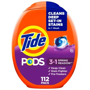 Tide PODS Laundry Detergent Pacs 3-in-1 Stain Remover Odor Fighter Color Protector 112 Count HE Compatible Spring Meadow Scent Phosphate Free