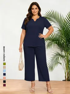 2-Piece Set for Plus Size Women, Elegant Solid Color Short Sleeve Shirt and Casual Wide Leg Pants, Fashionable Leisure