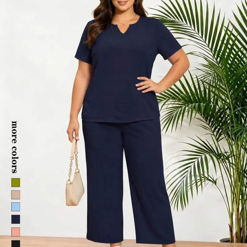 2-Piece Set for Plus Size Women, Elegant Solid Color Minimalist Loose Fit Short Sleeve Shirt and Casual Wide Leg Pants, Chic Fashionable Leisure Clothes, Clothing Set