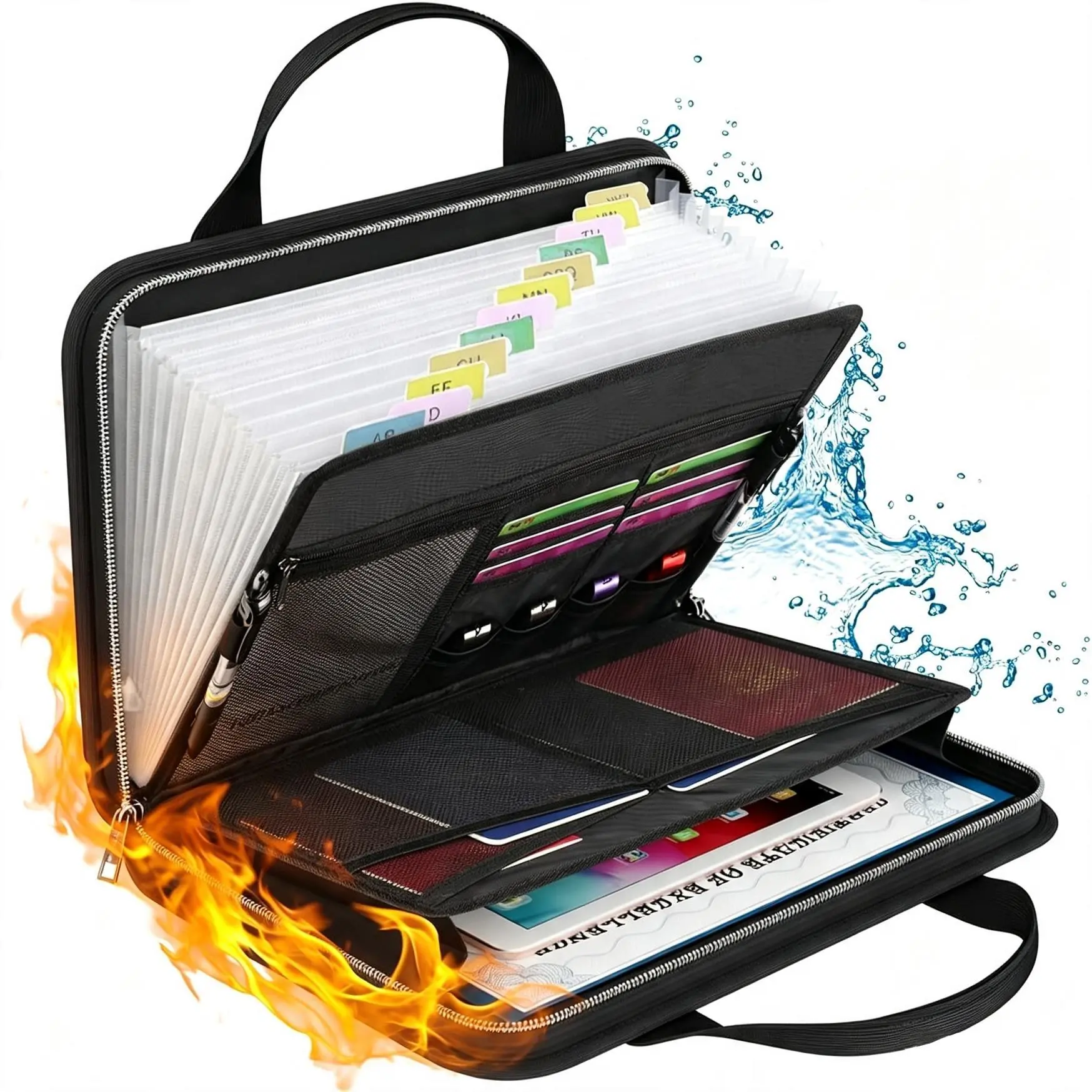 Fireproof Waterproof Organizer Storage with 13 Expanding Slots, A4 Size – Safe for Emergency Documents, Indoor & Outdoor Recreation Use