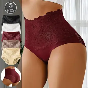 QUASTI Women's 5PCS High-Waist Basic Lace Panties, Full Coverage Sexy Skin-Friendly No Show Soft Briefs, Lightweight Multi Colored Underwear, S-XXL