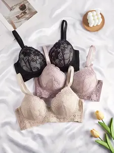3pcs Women's Underwire Bras with Contrast Lace Trim - Black/Beige/Light Pink Floral & Mesh Design, Non-Removable Padded Cups, Elegant Support for Everyday & Special Occasions, Comfortable Undergarment  | Delicate Lace Braided Detail