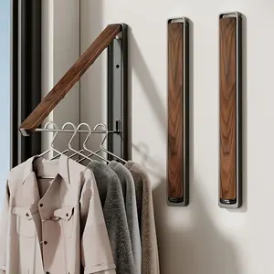 1pc, Vintage Foldable Wall-mounted Clothes Rack, Black Walnut Wood Grain + Space Aluminum Bracket Design, Foldable Telescopic Drying Rod, Laundry Drying Rack, Suitable for Multiple Scenarios Such as Walls, Doors, and Windows, Adjustable Clothing Racks