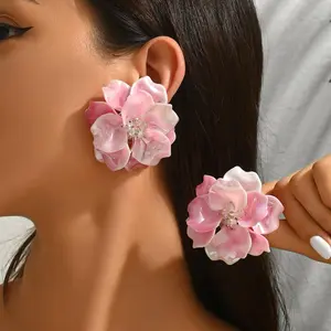 Gorgeous Oversized Pink Flower Stud Earrings for Women - Acrylic Petal Crystal Statement Jewelry, Perfect for Wedding Party & Pr