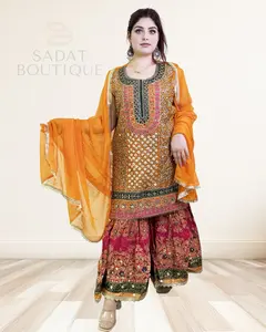 Luxury Dress – Golden Orange with Embroidered Sharara | Sadat Boutique