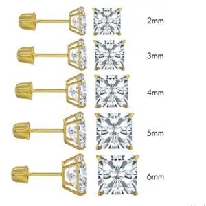 14K Yellow Gold Princess Cut Cubic Zirconia Stud Earring Set with High Quality Prong Setting and Screw Back Post
