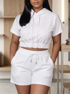 Women's Casual Two-Piece Set, Crop Hoodie Top with Drawstring Shorts, Loose Fit Slimming Sports, Comfortable and Stylish, Sports Clothing Set
