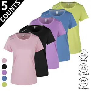 5 Pack Women’s Athletic Tees – Ultimate Cooling & Stretch Performance!  Lightweight breathable fabric keeps you cool during workouts, yoga, or casual wear. High stretch design for full mobility, moisture-wicking tech fights sweat.