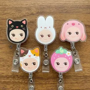 Cute Retractable Badge Reel  - Kawaii Animal Baby Acrylic ID Card Holder - Cat Bunny Strawberry Badge Clip Gift