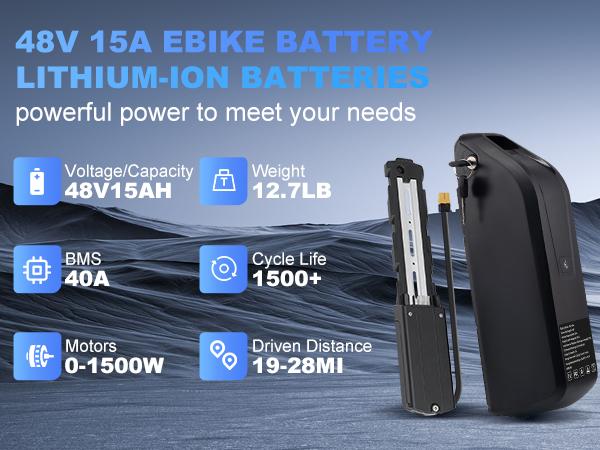 48V 15Ah Ebike Battery, Lithium Ion Battery Pack for 250W 500W 750W 1000W 1200W 1500W Electric Bicycle Motor, High Capacity 48 Volt Battery with 30A BMS and 2A Charger, XT60 Connector