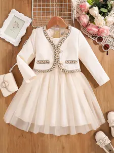 2pcs Elegant Girls Spring and Autumn Dress Set, Belted Solid Color Jacket and Double-Layer Mesh Skirt, Lightweight Comfortable Casual Attire for Elementary Students, Kid, Cute Clothing Set, Baby Girl Clothes