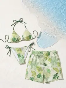 Couples Matching Hawaiian Swimsuit Set Tropical Leaf Print Bikini Triangle Top String Bottom Men Board Shorts Beach Vacation Pool Party Spring Break Surf Outfit