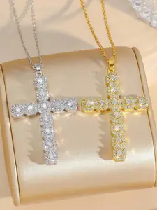 Vintage Cross Pendant Necklace for Women – Elegant Copper Inlaid Water-Wave Chain, Classic Fashion Jewelry Gift