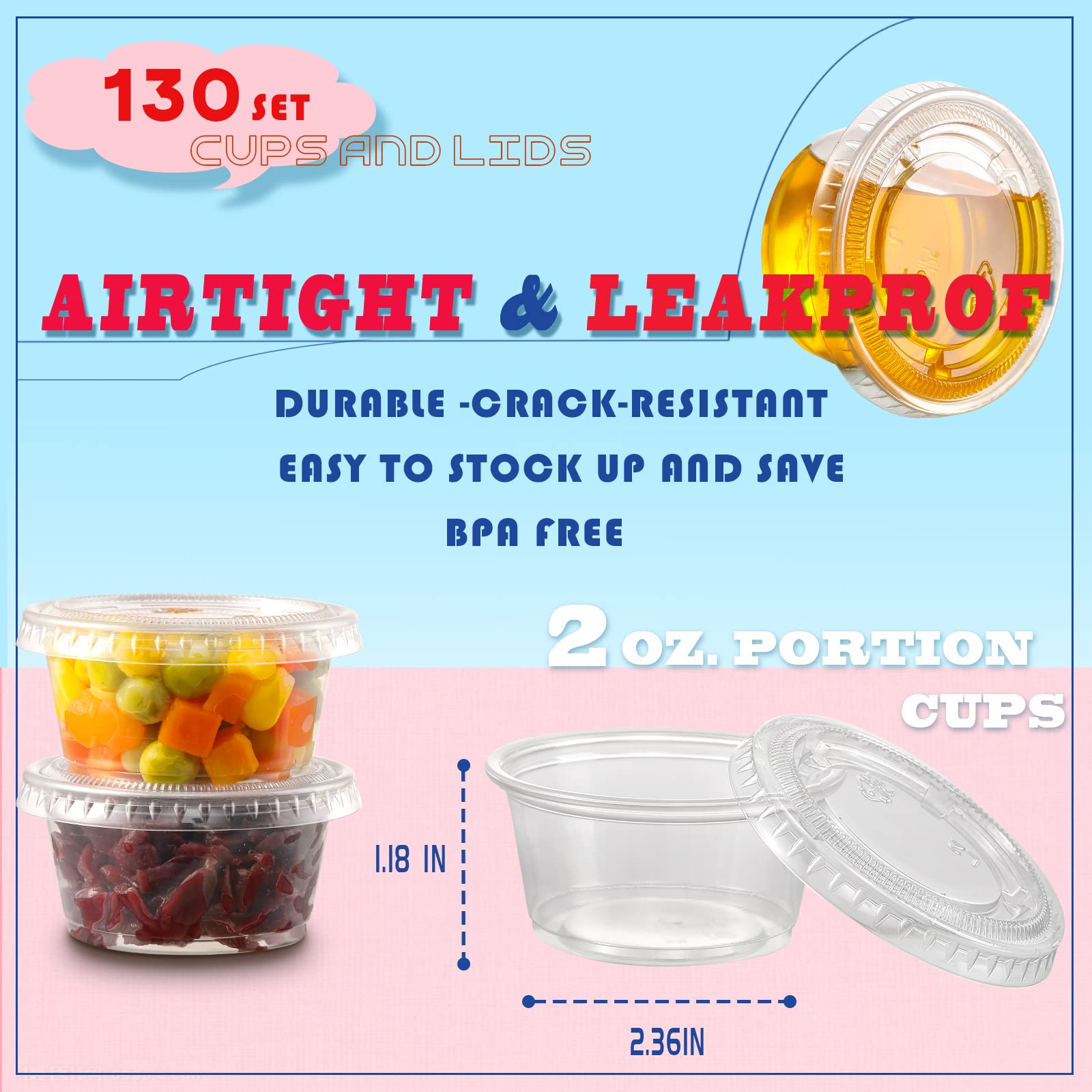 130 sets - 2 oz Jello Shot Cups, Small Plastic Containers with Lids, Airtight and Stackable Portion Cups, Salad Dressing Container, Dipping Sauce Cups, Condiment Cups