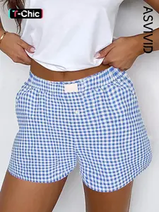 Women's Casual Gingham Printed Shorts, Womenswear, Fitted Mid Waist Elastic Waist Button, Short Pants for Daily Wear, Comfortable and Stylish