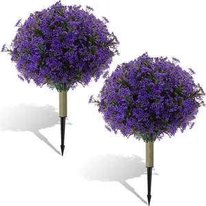 24'' Set of 2 Artificial Topiary Ball Tree with Flowers Artificial Plants, Faux Shrubs Bushes with Ground Spike Realistic UV Resistant Fake Greenery Plant for Porch Indoor(Dark Purple)