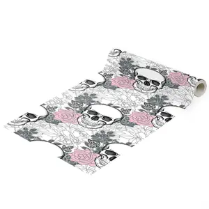 Halloween Skull Rose Floral Self Adhesive Wallpaper, 45x300cm Wall Decor for Bedroom Living Room Kitchen Cabinets, Home Decoration Paper