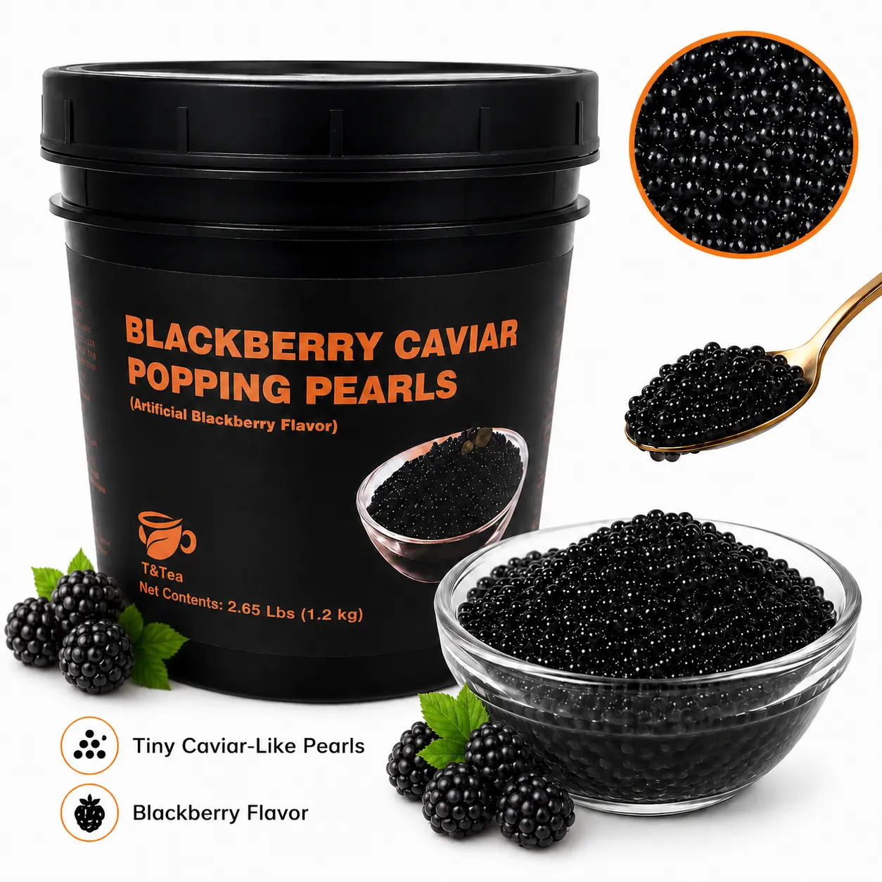 Blackberry Caviar Popping Pearls, 2.65 lb / 1.2 kg Tiny Caviar-Style Blackberry Popping Boba for Milk Tea, Yogurt, Desserts, Cookies & Canapés