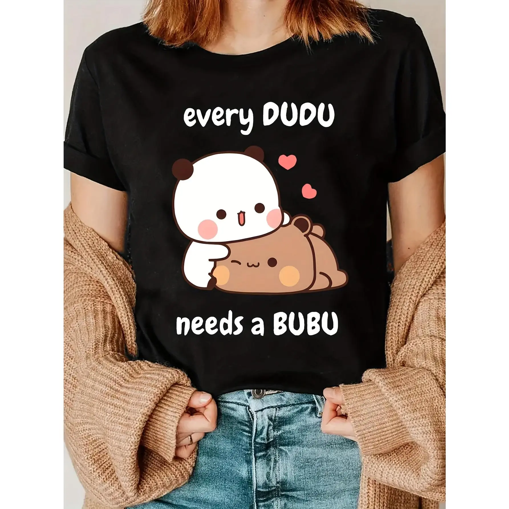 Women's Short Sleeve Crew Neck Sports Top - Chic, Loose, Solid Vibrant Red Undershirt with Cute Panda & Bear Cartoon Graphic, "Every DUDU Needs a Bubu" Text, Machine Washable, All-Season Comfort Fit, Spring Fashion, Durable Print