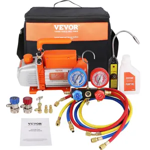 【Summervibes】VEVOR 1/4 HP 4 CFM AC Vacuum Pump and Gauge Set,  Single Stage Rotary Vane HVAC Air Vacuum Pump A/C Refrigerant Kit Manifold Gauge Set, with Three-Color Hose Carry Bag, Applicable to R134a, R410a
