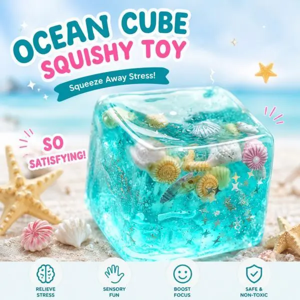 Ocean Squishy Cube - Unisex Jelly Sensory Fidget Toy, Aesthetic Slow-Rise Stress Relief Toy, Office Desk Decor, Cool Gift for Adults Teens