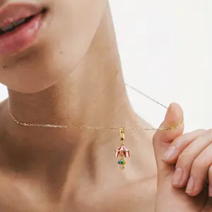 Women's Vintage Carnival Enamel Charm Mini Necklace - Gold Tiny Chain, Colorful Circus Carousel-Balloon-Tent Designs, Unique Sweet Holiday Gift Fashion Costume Jewelry Accessory
