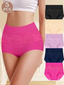 5-Pack High Waisted Women Underwear  Tummy Control full Coverage Seamless Panties, soft Breathable daily Briefs Shapewear, No show milk silk ropa interior S-XXL Fabric Womenswear Day Stretchy Basic Compression Minimalist