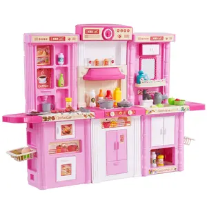 VEVOR Kids Kitchen Playset, 3-in-1 Toddler Kitchen with Simulated Spray, Sounds and Lights, Play Kitchen Set with 74 PCS Cooking Accessory Set for Toddlers, Preschoolers, Children Ages 3-8, Pink