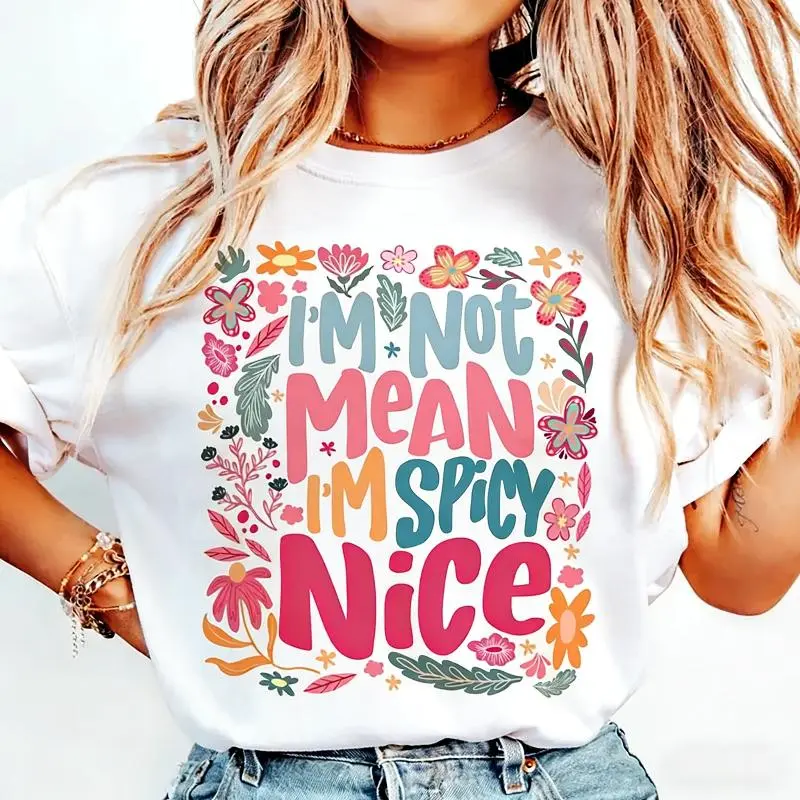 Women's Heavyweight T-Shirt, "I'm Not Mean I'm Spicy" Boho Graphic Top in 100% Combed Cotton, Casual True-to-Size Fit, USA Made, Tops