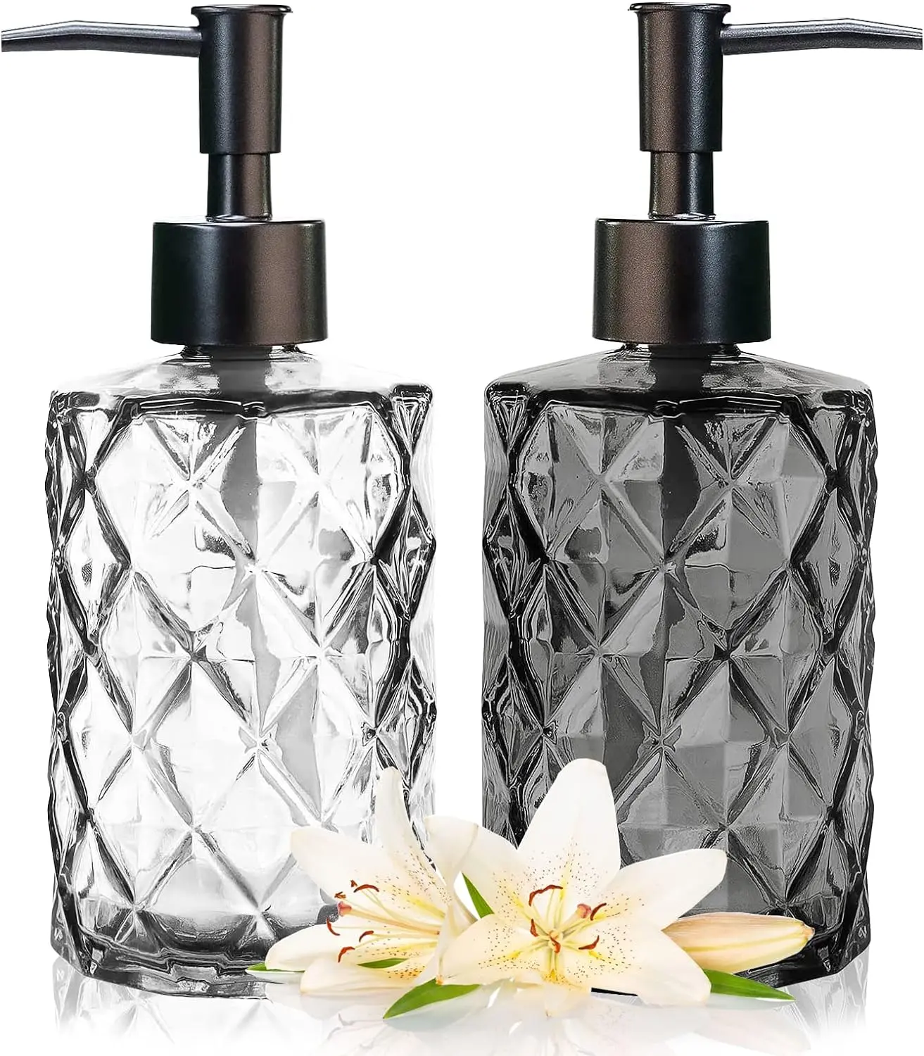 11oz Glass Soap Dispenser with Plastic Pump, Clear & Black Diamond Design Refillable Hand Soap Dispenser for Hand Wash and Dish Wash, Bathroom Soap Dispenser for Dishwashing Liquid, Lotion Shower Gel
