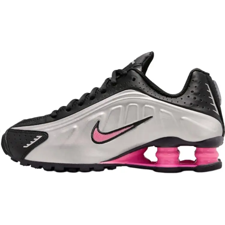Nike Shox R4 GS 'Black Metallic Silver Pinksicle' Youth-Women's Round Toe Lace-Up Athletic Sports Shoe, All-Season Lightweight Footwear with Responsive Cushioning Air Units, Performance Sneaker