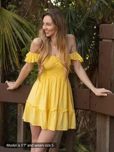 Mona Mini Dress, Comfortable Casual Boho Chic Summer Dress with Pockets, Flutter Sleeves, Smocked Bodice, Partially Lined, 100% Sustainable Rayon, Yellow, Purple, Pink, Teal, Boho Print, Ethical Fashion, Cocopiña